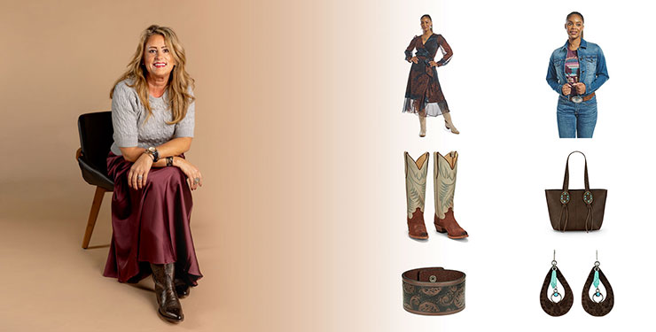 A woman wearing a maroon skirt and a grey sweater. Justin Women’s Wrap Maxi Dress in multicolor black, Women’s Denim Jacket in blue denim, and Clara 15” Western boot, tote bag with conceal carry, and a brown cuff and earrings.